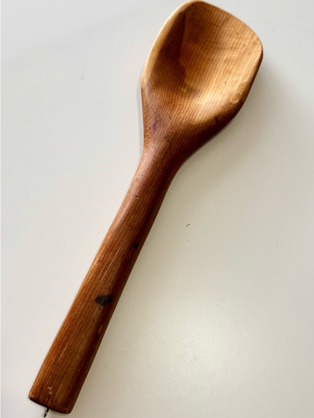 VINTAGE Old Handmade Thick & Heavy Brown Wooden Cooking Spoon w Hanging Hook
